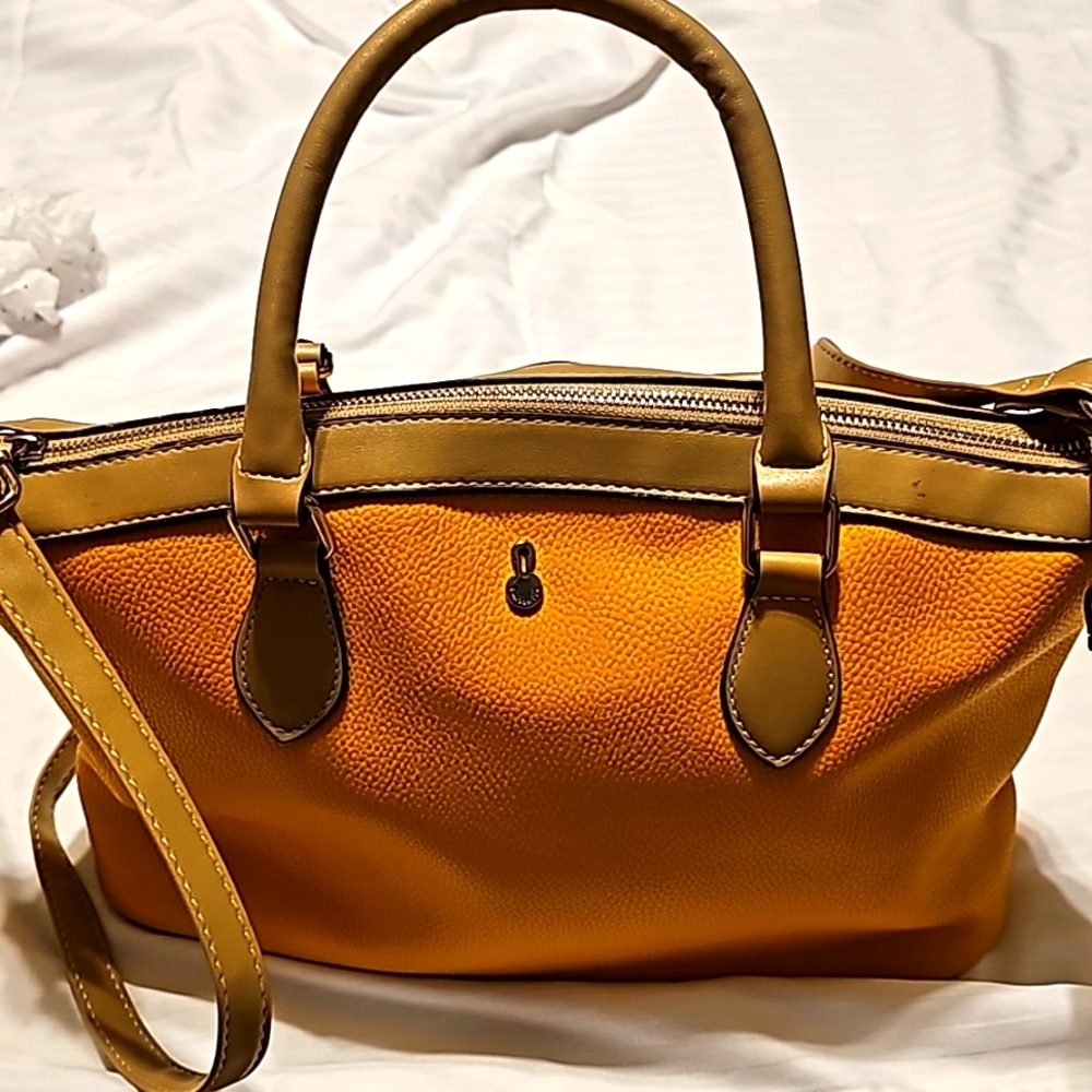 London Fog large zip top mustard yellow satchel.